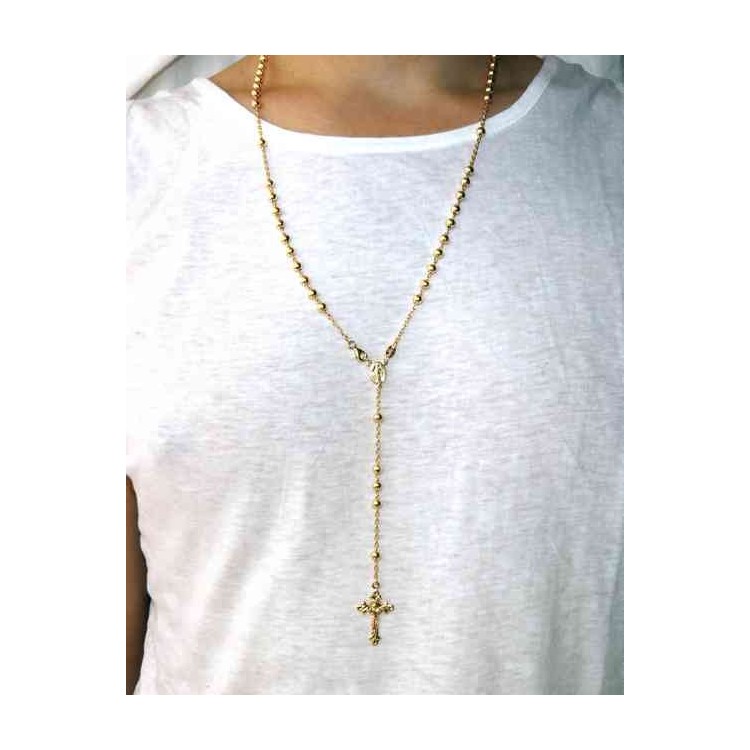 NSA|Collana rosario uomo o donna in Argento 925 croce lavorata palline 5 mm 67 cm Bagno oro Giallo