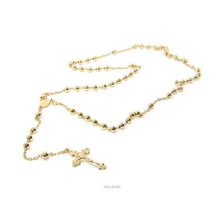 NSA|Collana rosario uomo o donna in Argento 925 croce lavorata palline 5 mm 67 cm Bagno oro Giallo 18kt nalbori