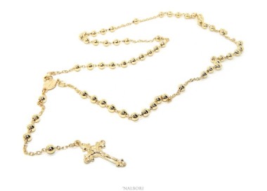 NSA|Collana rosario uomo o donna in Argento 925 croce lavorata palline 5 mm 67 cm Bagno oro Giallo 18kt nalbori