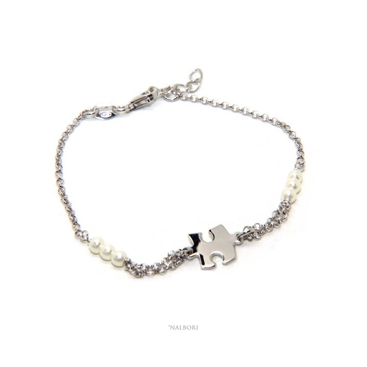 NSA|Bracciale uomo donna ragazzo Argento 925 lavorazione a rosario perle di vetro bianche con puzzle centrale 16,00-19,00 cm