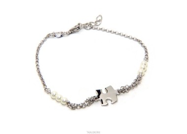NSA|Bracciale uomo donna ragazzo Argento 925 lavorazione a rosario perle di vetro bianche con puzzle centrale 16,00-19,00 cm