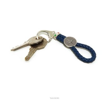 NSA|NALBORI Key ring man or woman in solid 925 silver and navy blue leather KeyRing wind rose hook