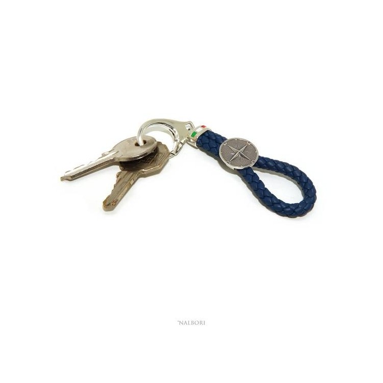 NSA|NALBORI Portachiavi uomo o donna argento 925 massiccio e pelle blu navy KeyRing rosa dei venti gancio
