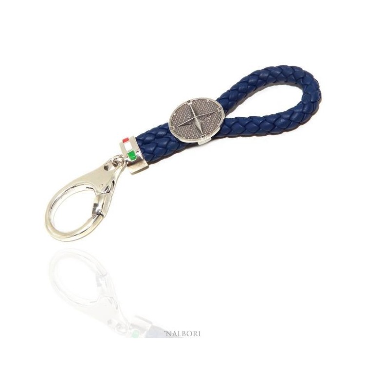 NSA|Key ring man or woman in solid 925 silver and navy blue leather KeyRing wind rose hook