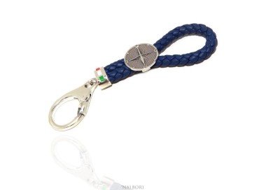 NSA|Portachiavi uomo o donna argento 925 massiccio e pelle blu navy KeyRing rosa dei venti gancio