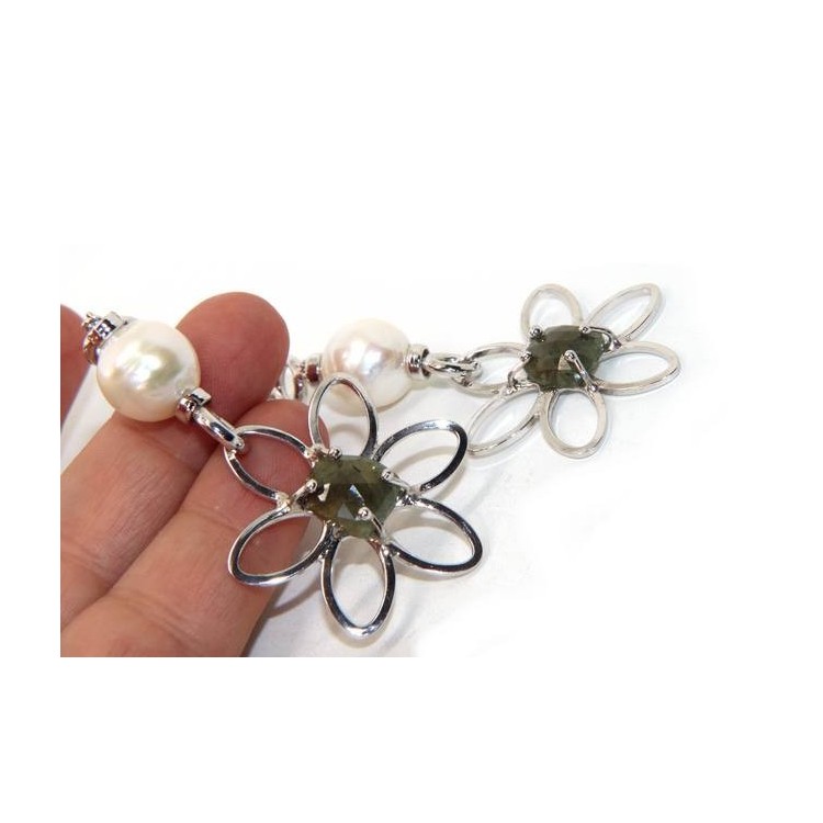 NSA|Earrings in 925 sterling silver natural corundum root emerald baroque pearl flower