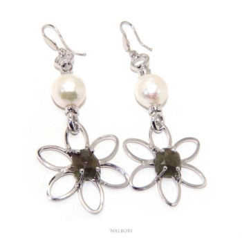 NSA|Earrings in 925 sterling silver natural corundum root emerald baroque pearl flower nalbori