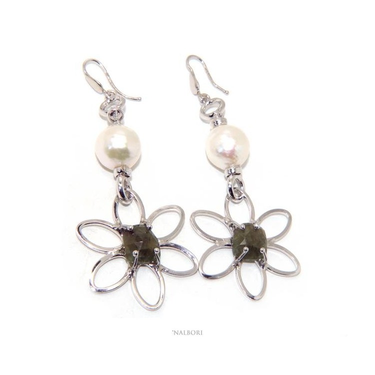 NSA|Earrings in 925 sterling silver natural corundum root emerald baroque pearl flower nalbori