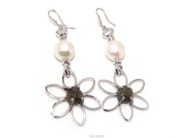NSA|Earrings in 925 sterling silver natural corundum root emerald baroque pearl flower nalbori