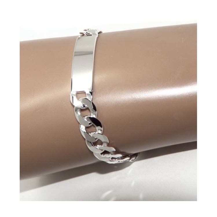 NSA|Bracciale con targa per uomo in argento 925 chiaro, massiccio con catena grumetta da 10 mm circonferenza polso 20,5 cm