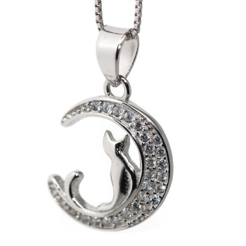 NSA|cat and moon pendant necklace in 925 silver with white pavé zircons NALBORI