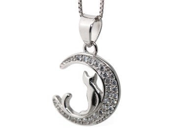 NSA|cat and moon pendant necklace in 925 silver with white pavé zircons NALBORI