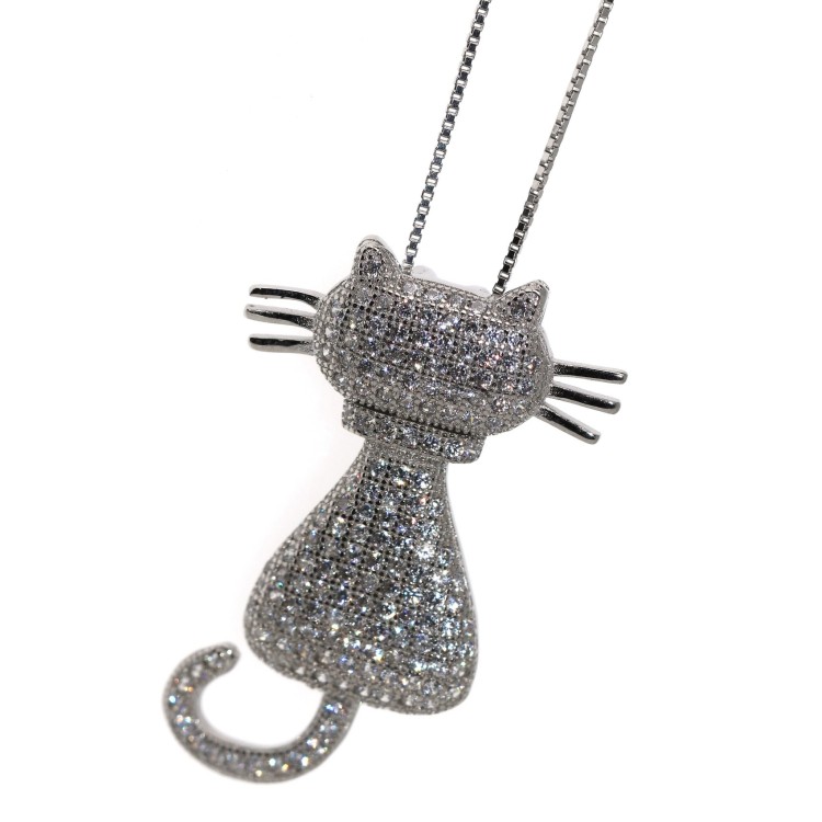 NSA|Cat necklace 925 silver cubic zirconia white brilliant pendant NALBORI