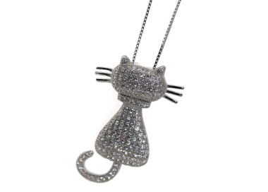 NSA|Collana gatto argento 925 zirconi ciondolo bianco brillanti grande