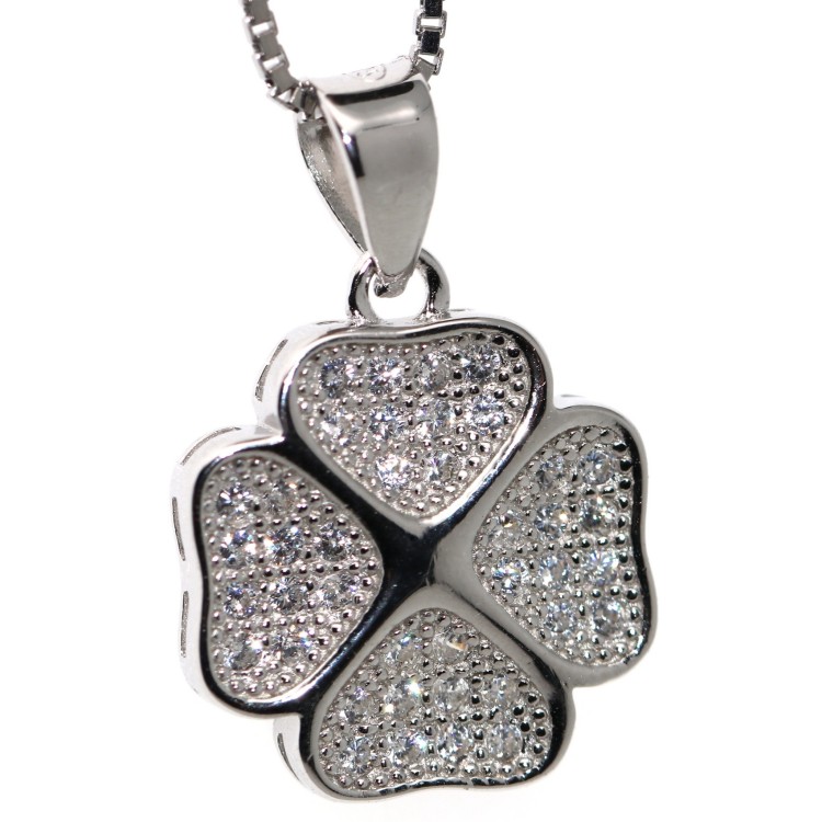 NSA|collana argento 925 ciondolo quadrifoglio pavè di zirconi donna collier