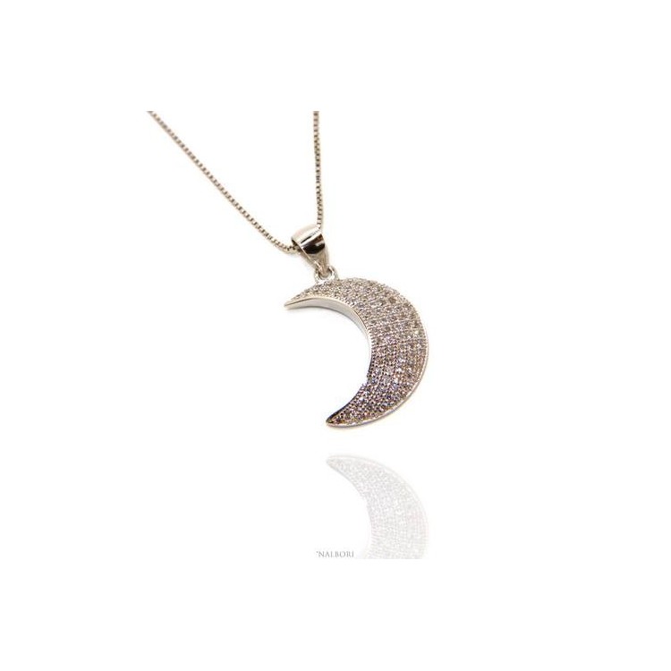 NSA|Half moon necklace 925 silver pendant pavè zircons large woman