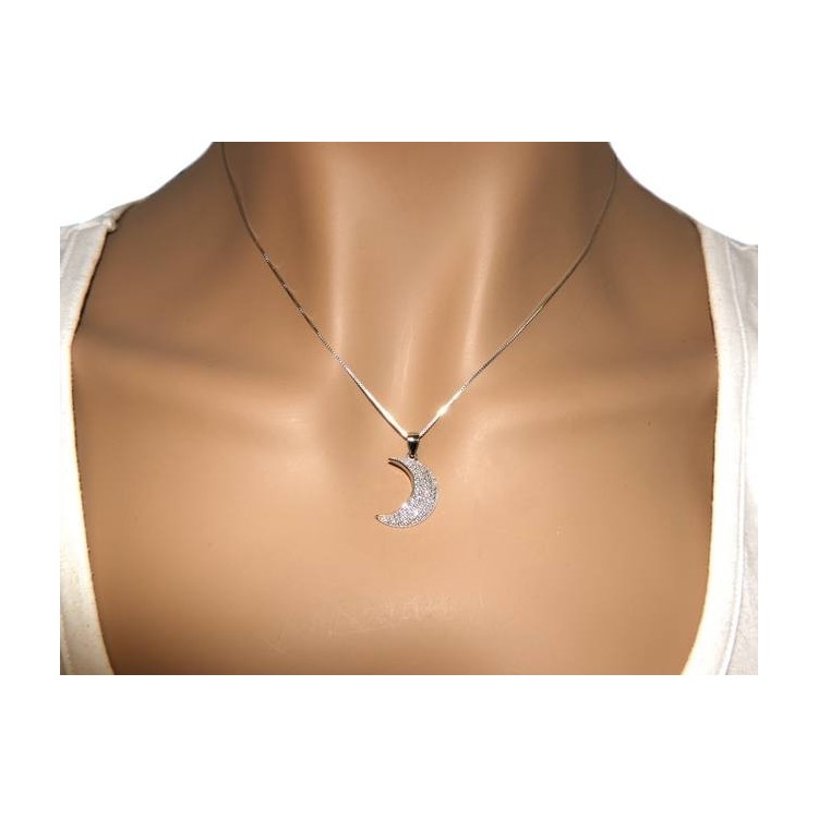 NSA|Half moon necklace 925 silver pendant pavè zircons large woman