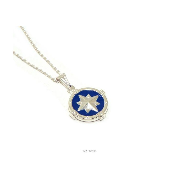 NSA|Sterling silver fortified man necklace with blue enamel rose wind pendant