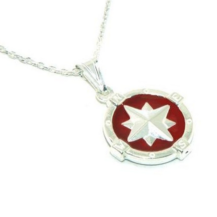 NSA|Sterling silver fortified man necklace with red enamel rose wind pendant