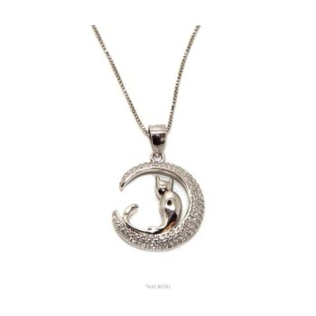 NSA|Argento 925 : Collana Collier donna veneziana con ciondolo gatto luna 19mm nalbori