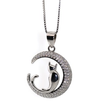 NSA|Silver 925: Necklace & pendant moon cat 19mm brand NALBORI