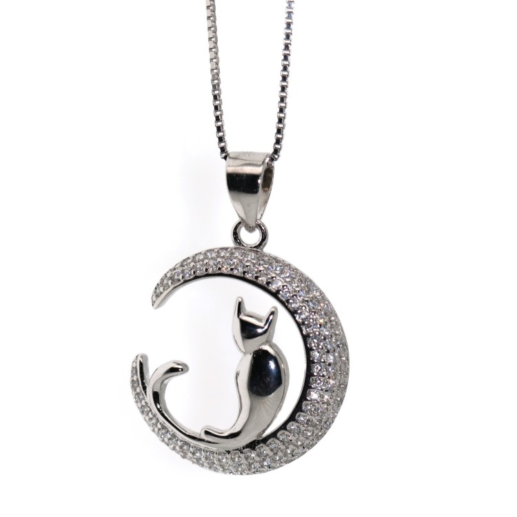 NSA|Silver 925: Necklace & pendant moon cat 19mm brand NALBORI