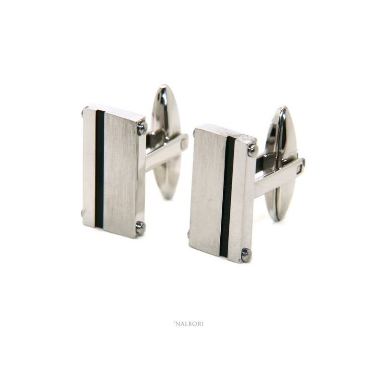 NSA|NALBORI gemelli da camicia per uomo rettangolari in acciaio inossidabile con banda nera lucidi satinati