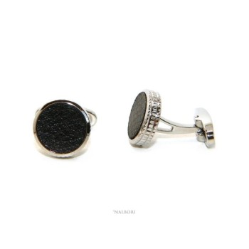NSA|NALBORI shirt cufflinks for men with round buttons in steel and black imitation leather