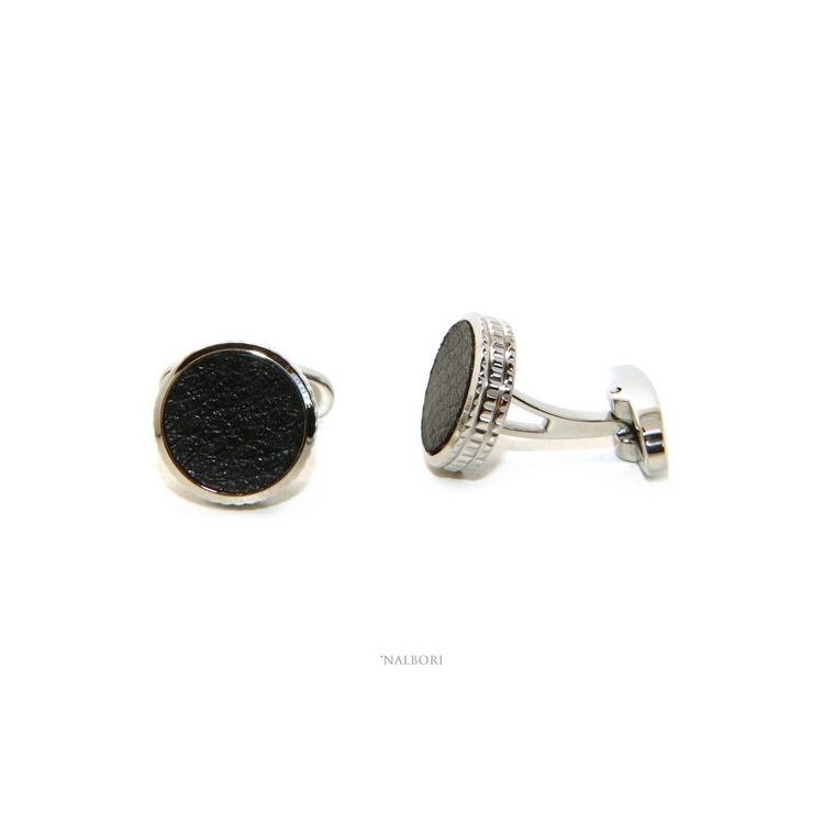 NSA|NALBORI shirt cufflinks for men with round buttons in steel and black imitation leather