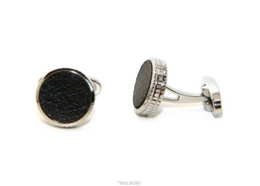NSA|NALBORI shirt cufflinks for men with round buttons in steel and black imitation leather