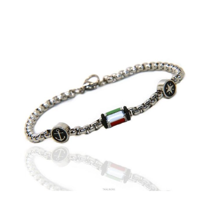 NSA|Bracciale Acciaio uomo donna anallergico ancora rosa dei venti bandiera italiana smaltata 19 cm