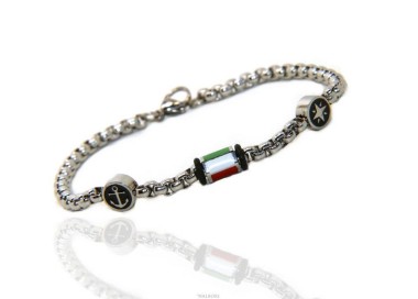 NSA|Bracciale Acciaio uomo donna anallergico ancora rosa dei venti bandiera italiana smaltata 19 cm
