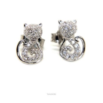 NSA|earrings woman 925 silver with white zircons cat stylized kitten contrariè NALBORI