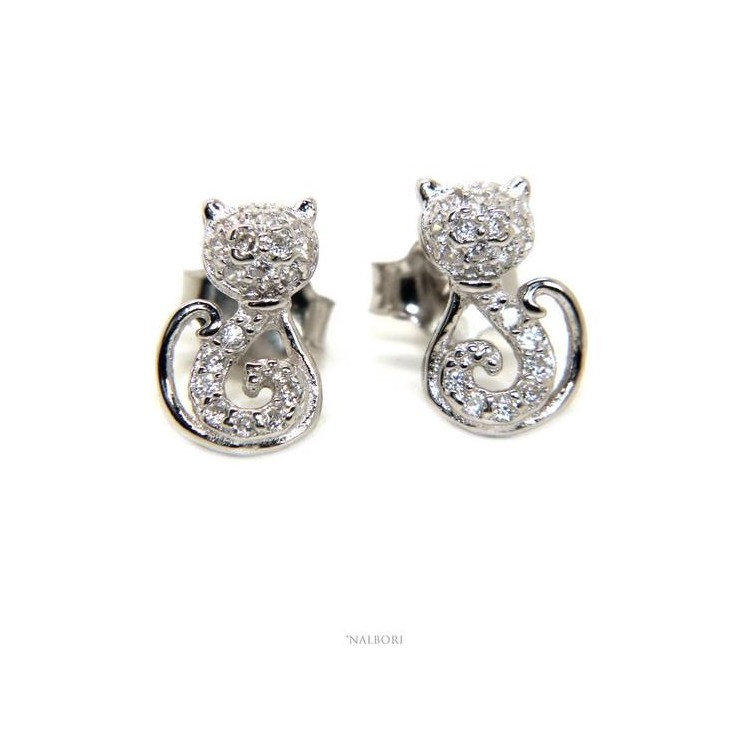 NSA|earrings woman 925 silver with white zircons cat stylized kitten contrariè NALBORI