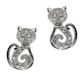 NSA|925 silver earrings with white zircons cat and kitten stylized contrariè NALBORI