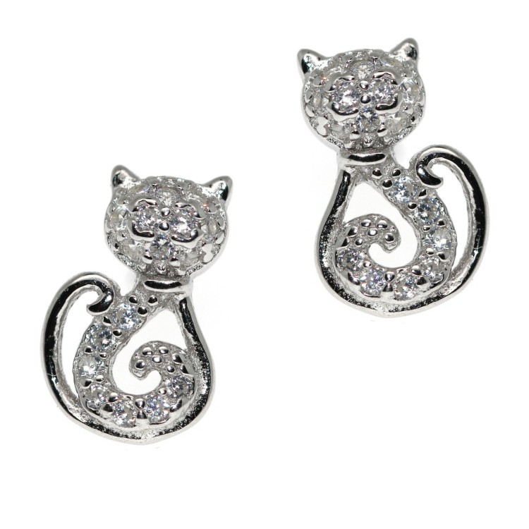 NSA|925 silver earrings with white zircons cat and kitten stylized contrariè NALBORI