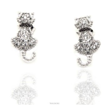 NSA|women's earrings 925 silver cat kitten contrariè pavé of white cubic zirconia