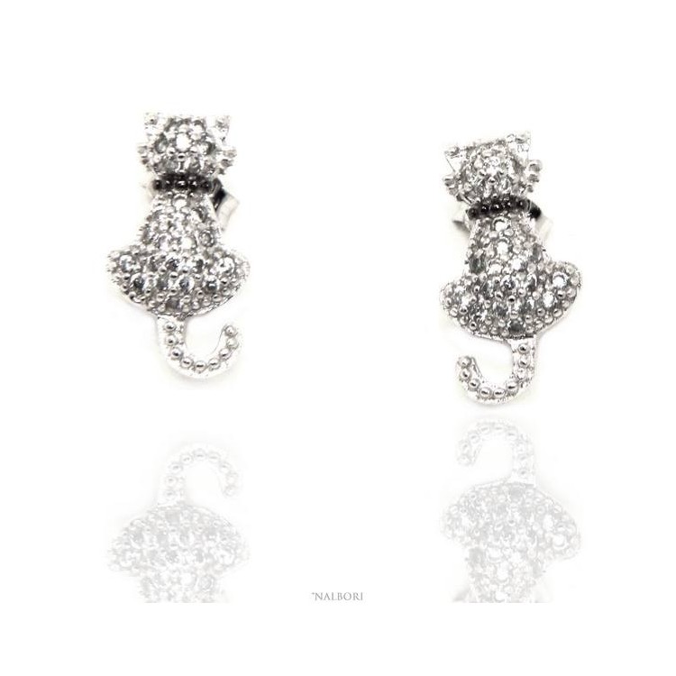 NSA|women's earrings 925 silver cat kitten contrariè pavé of white cubic zirconia