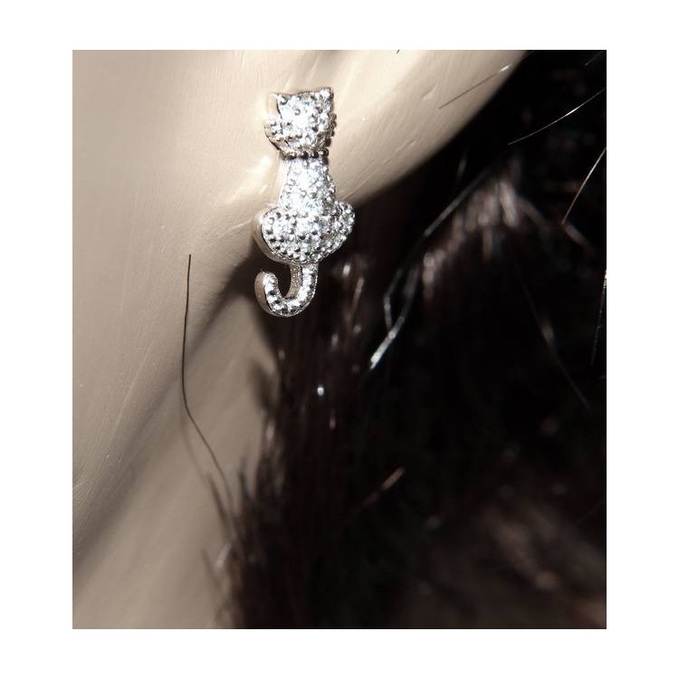 NSA|women's earrings 925 silver cat kitten contrariè pavé of white cubic zirconia