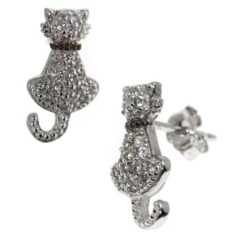 NSA|925 silver earrings with white zircons cat and kitten stylized contrariè