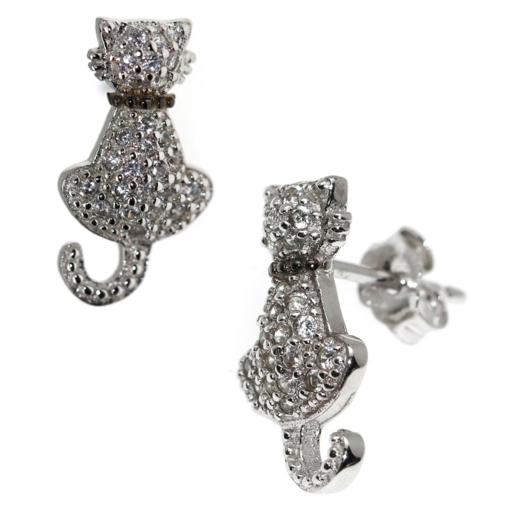NSA|925 silver earrings with white zircons cat and kitten stylized contrariè