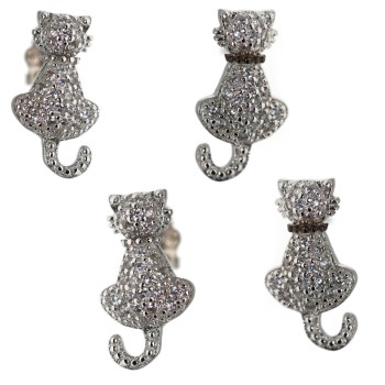 NSA|925 silver earrings with white zircons cat and kitten stylized contrariè