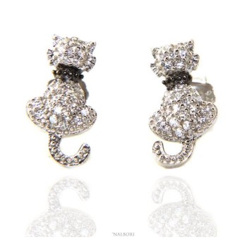 NSA|woman earrings 925 silver with white cubic zirconia cat kitten contrariè leash