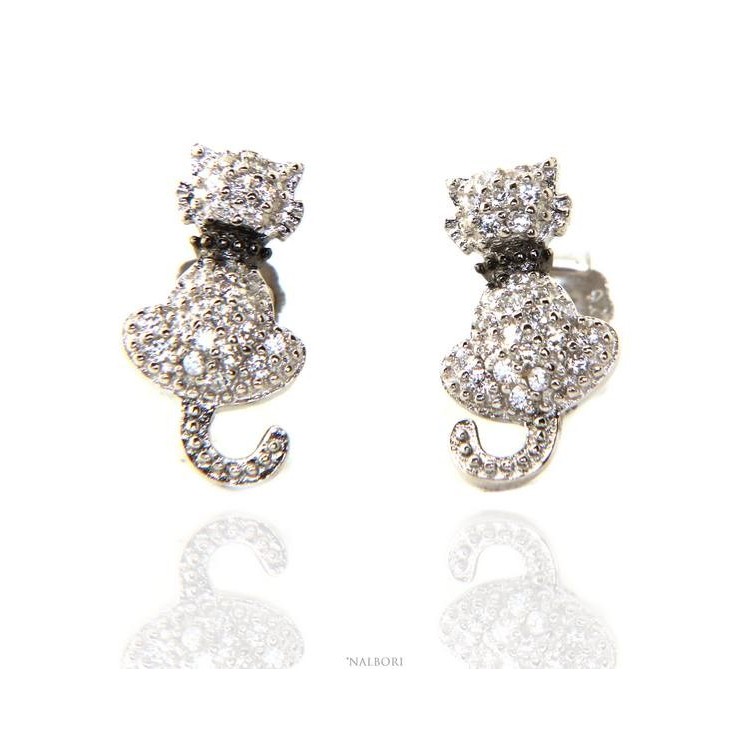NSA|woman earrings 925 silver with white cubic zirconia cat kitten contrariè leash