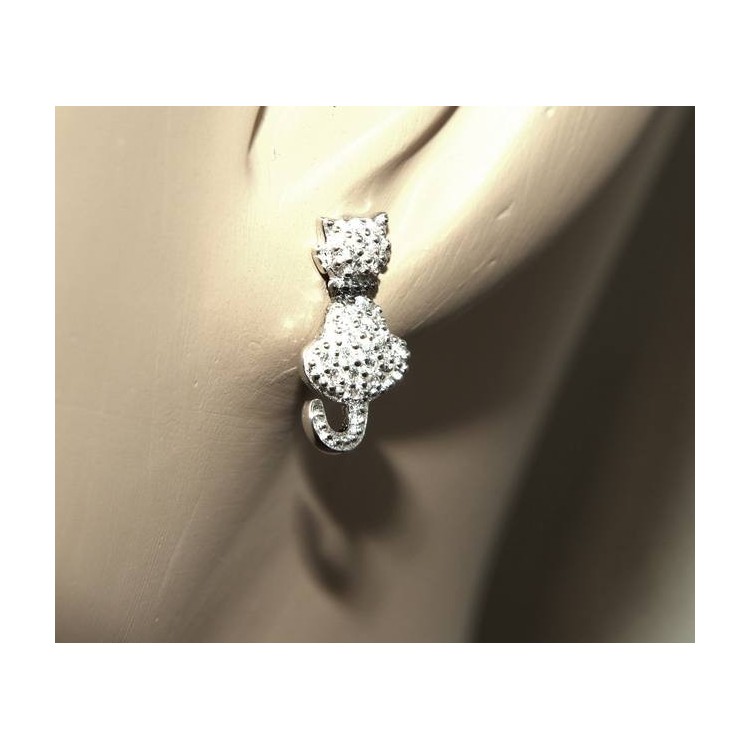 NSA|woman earrings 925 silver with white cubic zirconia cat kitten contrariè leash