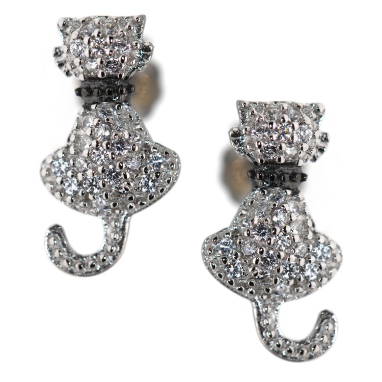 NSA|925 silver cat earrings with white zircons kitten contrariè collar