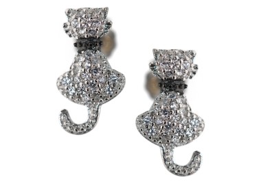 NSA|925 silver cat earrings with white zircons kitten contrariè collar