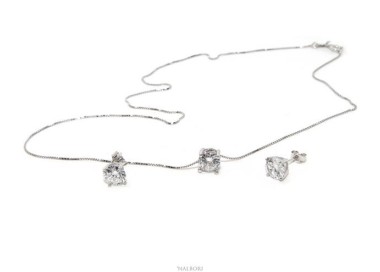 NSA|Set of women's 7 mm light point in 925 silver with zircon. Venetian chain pendant and matching earrings