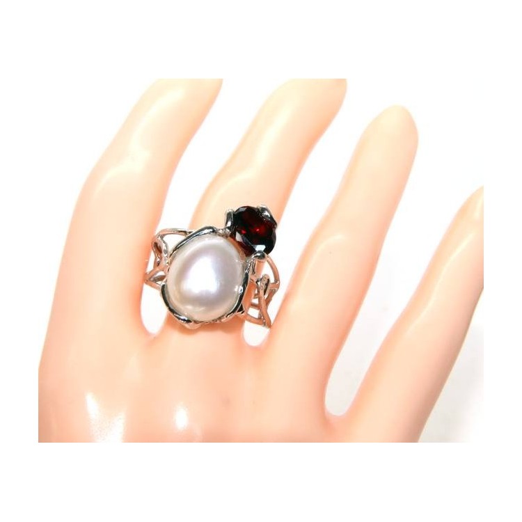 NSA|A007 Anello donna argento 925 regolabile realizzato a cera persa con perla barocca e granato rosso scuro  NALBORI