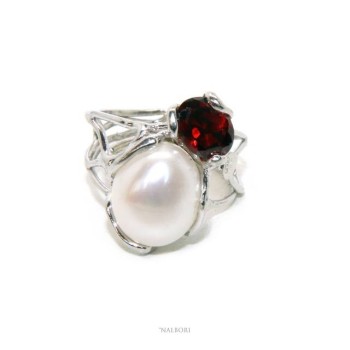 NSA|A007  Woman silver 925 adjustable ring made of lost wax with baroque pearl and dark red garnet